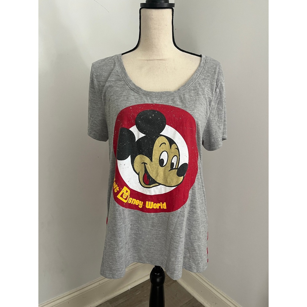Disney Mickey Mouse Tee Large Walt Disney Gray Red Striped Graphic Shirt Retro